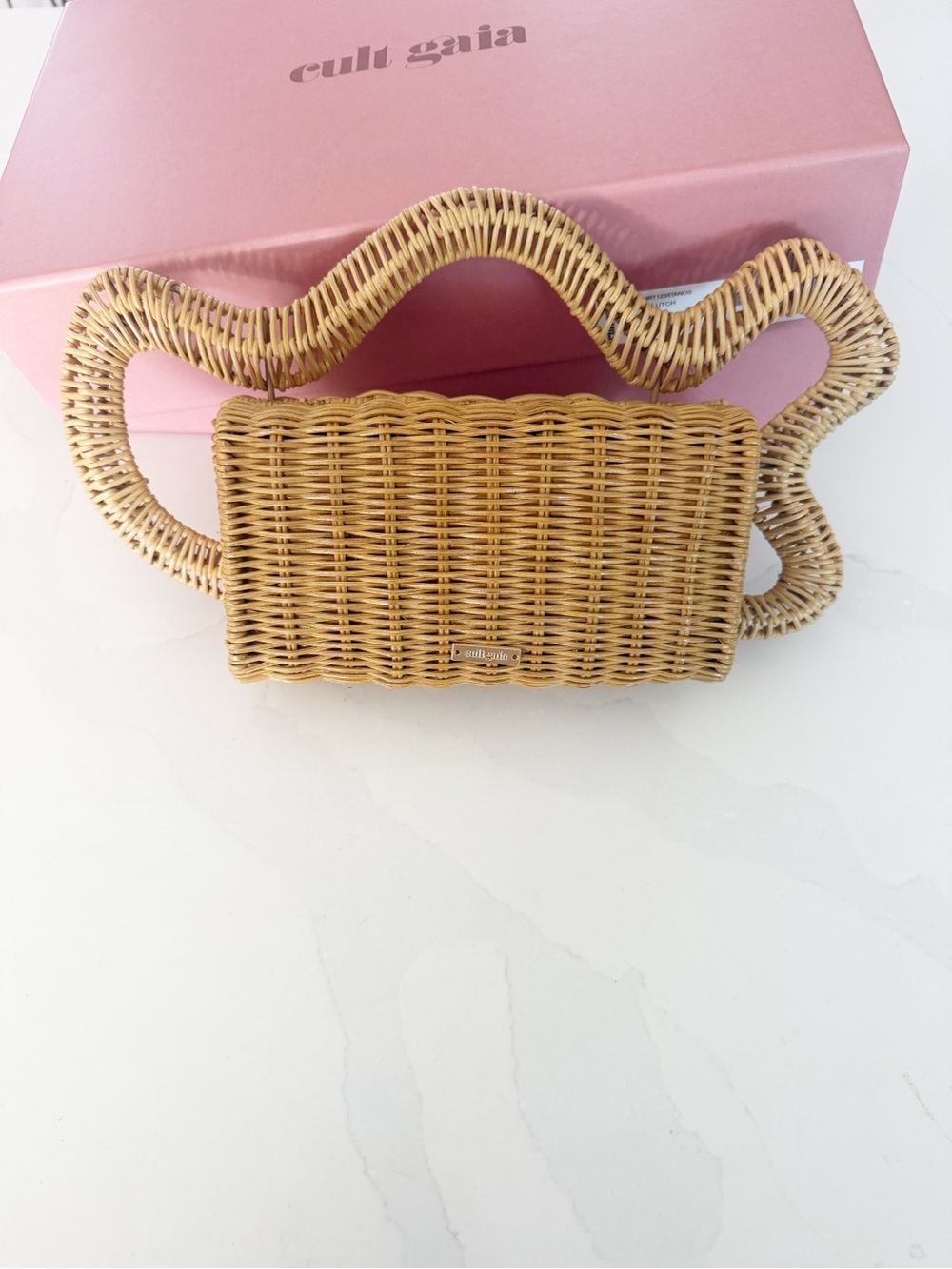 NEW Cult Gaia Elsa Woven Rattan Wavy Handle Clutch MSRP $498 - Picture 9 of 13